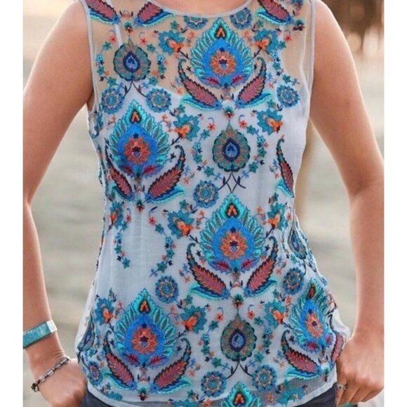 Sundance Catalog Top Women’s Sz XS  Thermal BOHO Embroidered Shirt Blue Summer - Picture 3 of 14